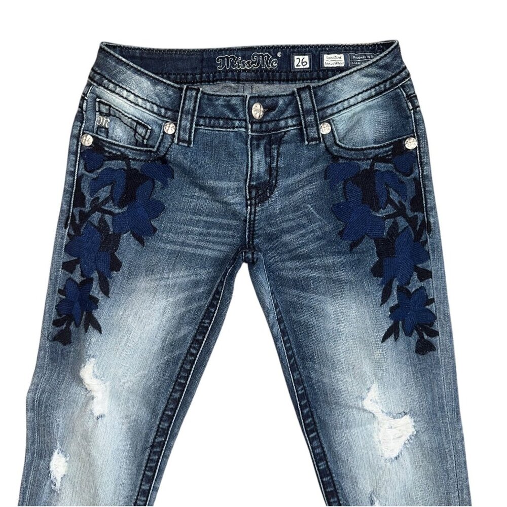 Miss Me JP7668AK Ankle Skinny Womens Jeans 26 26 Embroidered Floral Distressed - Picture 2 of 7